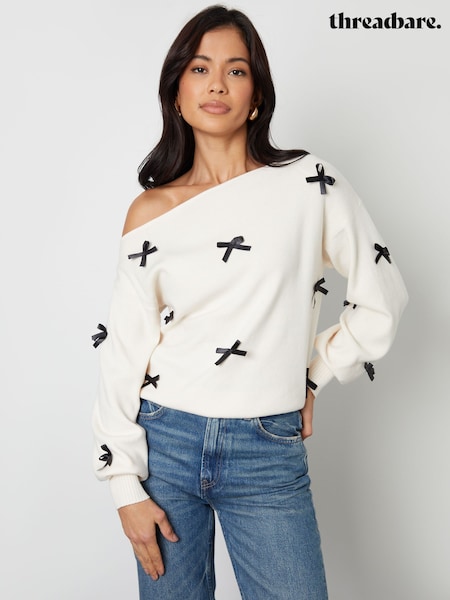 Threadbare Cream Bow Embellished Slash Neck Jumper (G53895) | £28