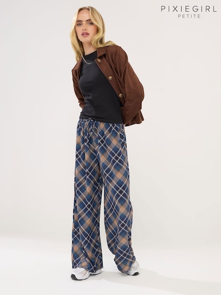 PixieGirl Petite Blue Check Wide Leg Trousers (G54131) | £31