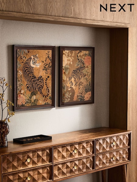 Set Of 2 Maximalist Tiger And Floral Scene Wall Art