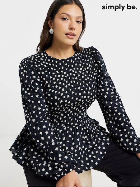 Simply Be Black Printed Voile Long Sleeve Shirred Blouse (G54257) | £34