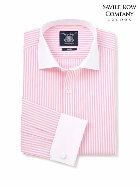 Savile Row Company Slim Fit Pink White Striped Cotton Winchester Double Cuff Formal Shirt (G54291) | £55