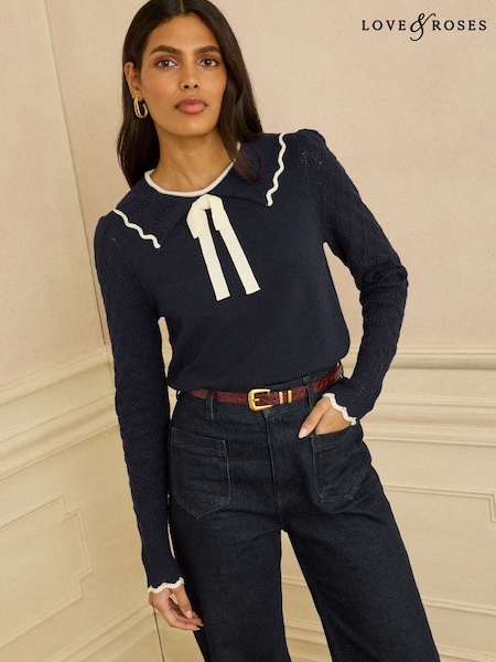 Love & Roses Navy Knitted Collar Jumper (G54314) | £40