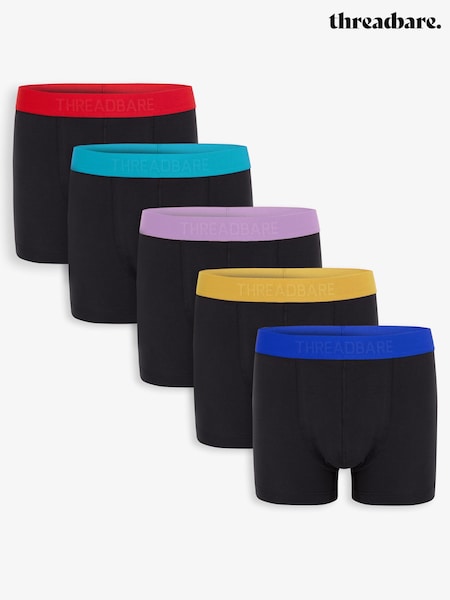 Threadbare Black Contrast Hipster Fit Boxer Shorts (5 Pack) (G54337) | £24
