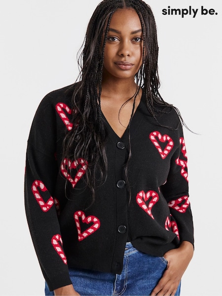 Simply Be Black Candy Cane Hearts Knitted Boyfriend Cardigan (G54425) | £40