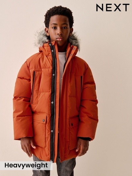 Orange - Heavyweight Shower Resistant Faux Fur Trim Parka Coat (3-16yrs)