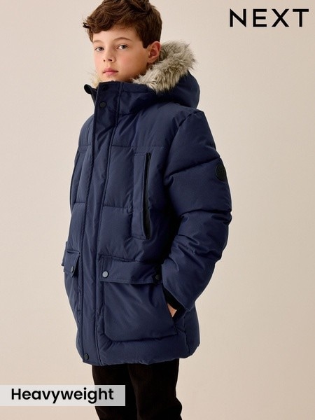 Navy - Heavyweight Shower Resistant Faux Fur Trim Parka Coat (3-16yrs)