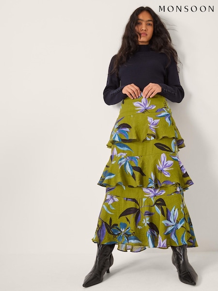 Monsoon Green Sonya Floral Print Frill Midi Skirt (G55005) | £75