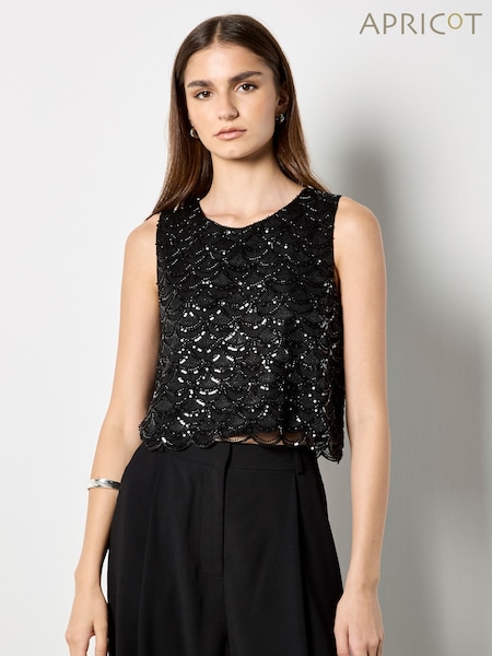 Apricot Black Scallop Beading Crop Shell Top (G55276) | £40