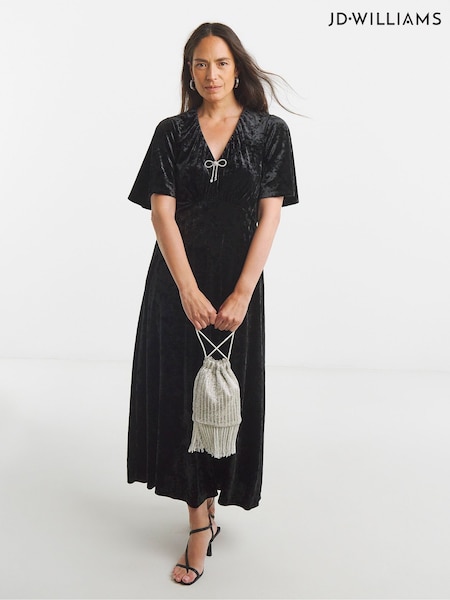JD Williams Black V-Neck Short Sleeve Bow Crushed Velvet Dress (G55559) | £42