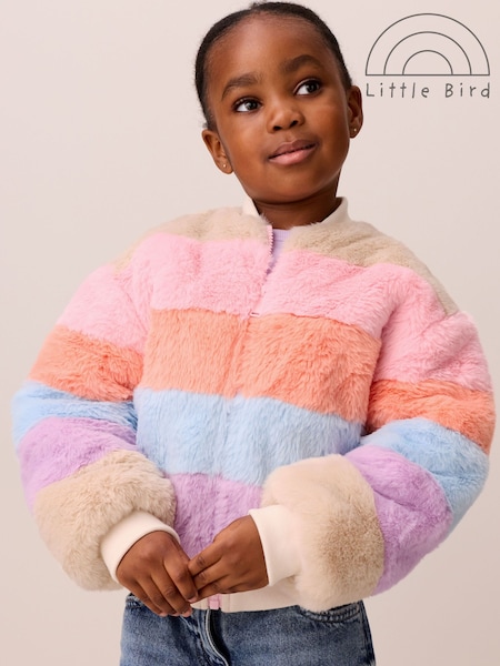 Pink Rainbow Colourblock - Little Bird Oversized Fur Bomber Jacket