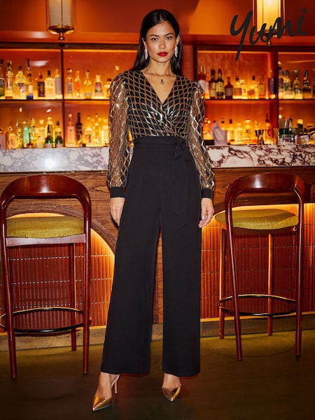 Yumi Black Sequin Wrap Over Jumpsuit (G55887) | £80