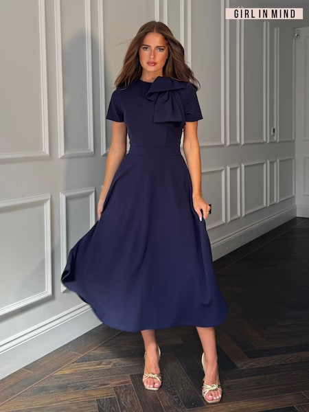 Girl In Mind Blue Minta Bow Detail Short Sleeve Midi Dress (G55929) | £52