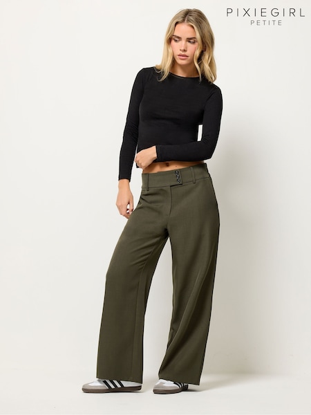 PixieGirl Petite Green 3 Button Tab Wide Leg Trousers (G55936) | £37