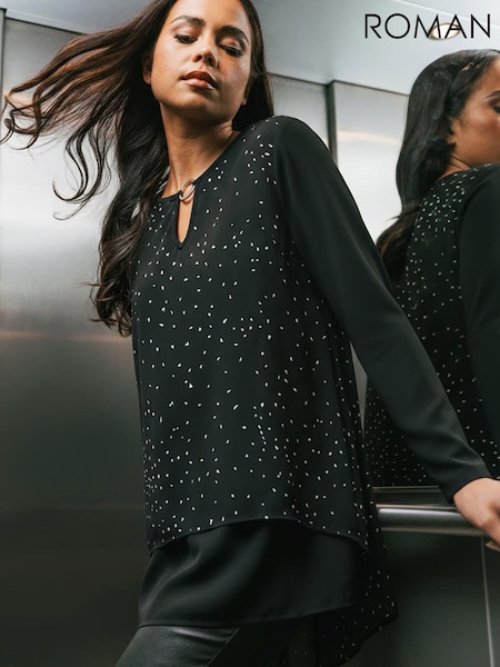 Roman Black Ring Front Foil Tunic Top (G56073) | £45