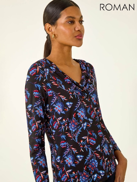 Roman Blue Floral V-Neck Stretch Blouse (G56081) | £40