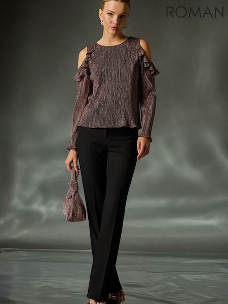 Roman Pink Shimmer Cold Shoulder Plisse Blouse (G56085) | £40