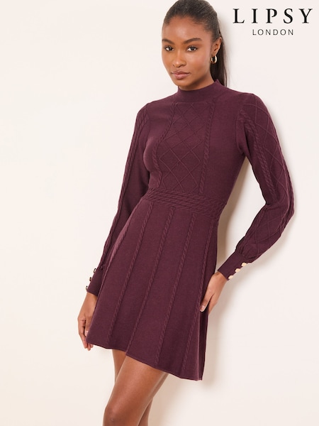 Lipsy Burgundy Red Mini Diamond Knitted Long Sleeve Dress (G56213) | £58