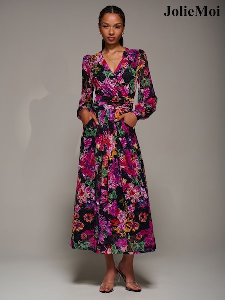 Jolie Moi Purple Long Sleeve Printed Lace Midaxi Dress (G56310) | £79