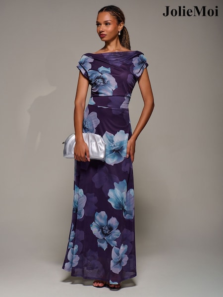 Jolie Moi Purple Asymmetric Neck Mesh Maxi Dress (G56312) | £75