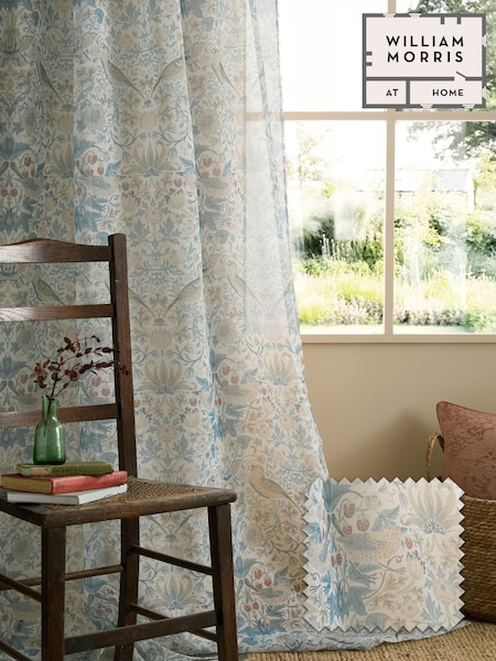 William Morris At Home Blue Strawberry Thief Voile Slot Top Sheer Panel Curtain (G56391) | £18 - £24
