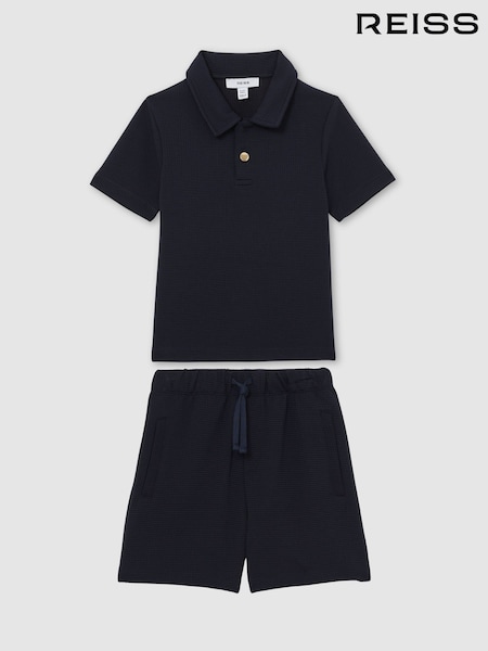 Reiss Navy Vola Set Waffle Polo and Shorts Set (G56522) | £53