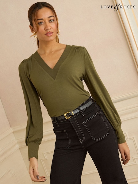 Love & Roses Olive Green V-Neck Chiffon Mix Jersey Top (G56754) | £22