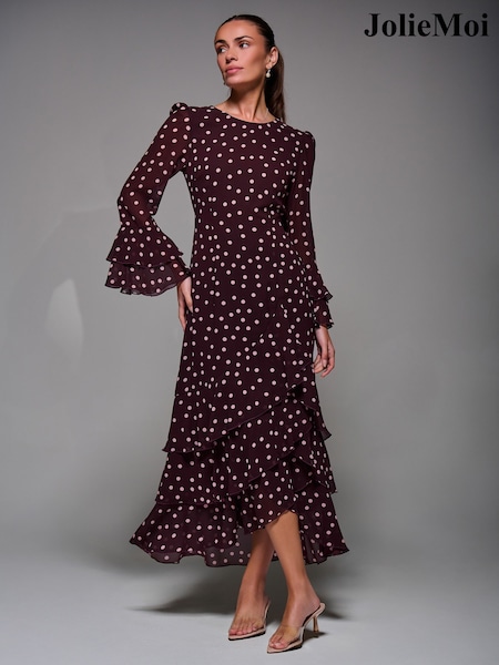 Jolie Moi Red Ruffled Long Sleeve Tiered Chiffon Midaxi Dress (G56927) | £78