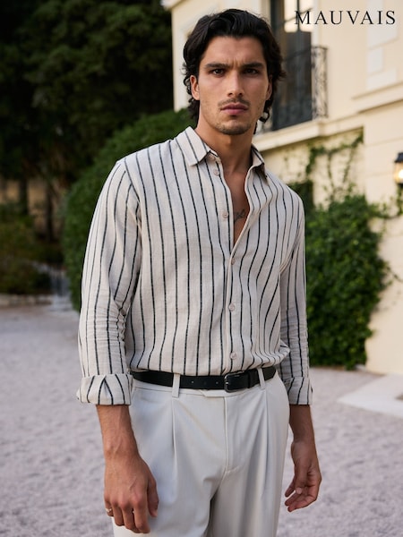 MAUVAIS Beige Arienzo Long Sleeve Stripe Shirt with Black Stripes (G56985) | £59