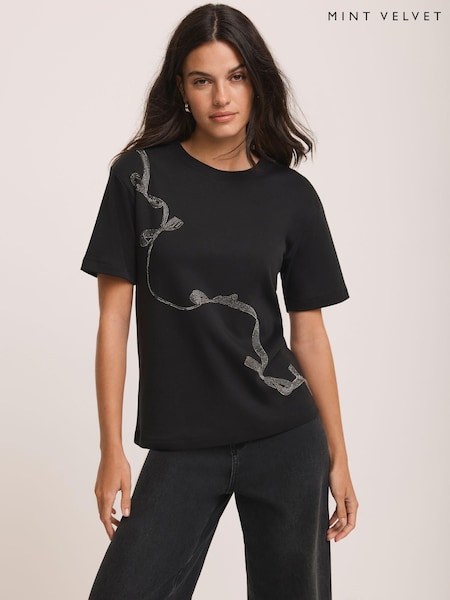 Mint Velvet Black Embellished Ribbon Detail T-Shirt (G57020) | £49