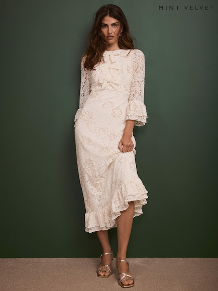 Mint Velvet White Embellished Lace Midi Dress (G57031) | £240