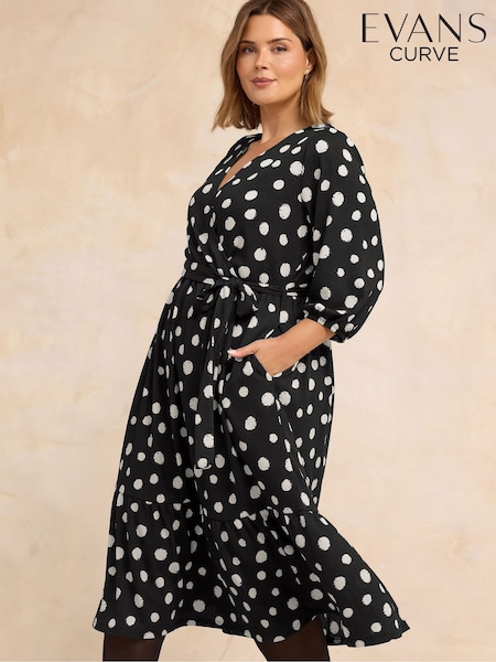 Evans Black Jersey Crepe Wrap Spot Print Blouse (G57297) | £42