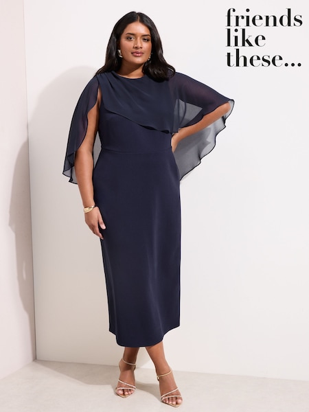 Friends Like These Navy Curve Asymmetric Chiffon Cape Scuba Midi Dress (G57363) | £55