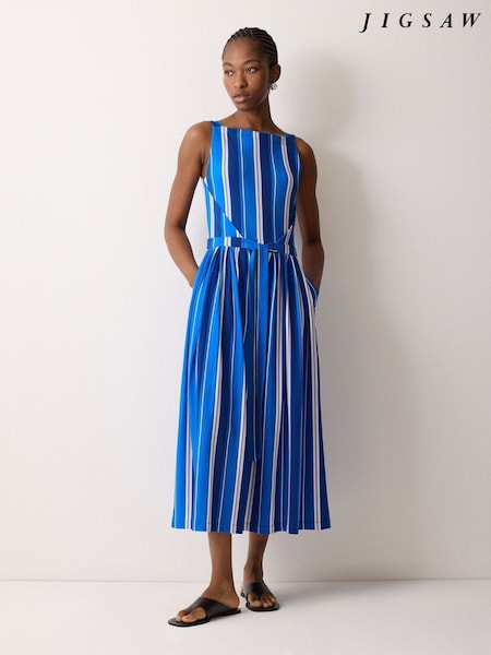 Jigsaw Blue Blue Stripe Tie Detail Jersey Dress (G57364) | £155