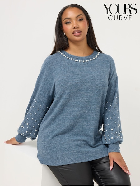 Yours Curve Blue Pearl Arm Jumper (G57409) | £34