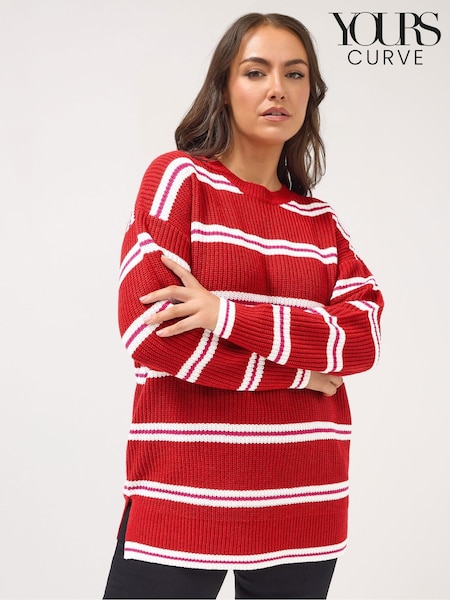 Yours Curve Red Drop Shoulder Stripe Jumper (G57421) | £24