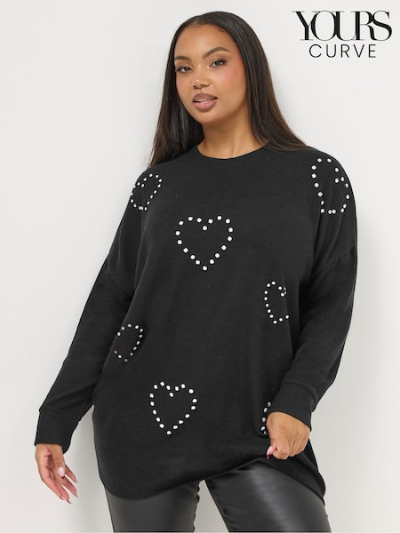 Yours Curve Black Diamante Heart Jumper (G57432) | £34