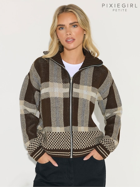 PixieGirl Petite Brown Check Zip Through Cardigan (G57435) | £34