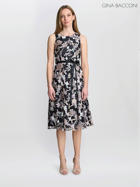 Gina Bacconi Alesha Embriodered Midi Fit And Flare Black Dress (G57656) | £240