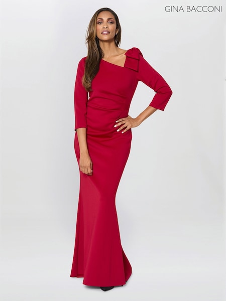 Gina Bacconi Red Thia One Shoulder Bow Detail Maxi Dress (G57665) | £270