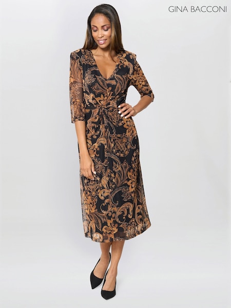 Gina Bacconi Yvette Burnt Midi Brown Dress (G57672) | £140