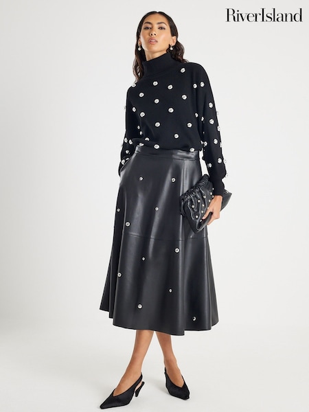 River Island Black Studded Faux Leather Midi Skirt (G57932) | £69