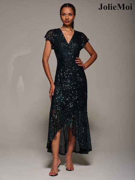 Jolie Moi Black Frill Short Sleeve Sequin Maxi Dress (G57955) | £95