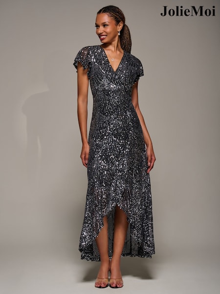 Jolie Moi Black Frill Short Sleeve Sequin Maxi Dress (G57961) | £95