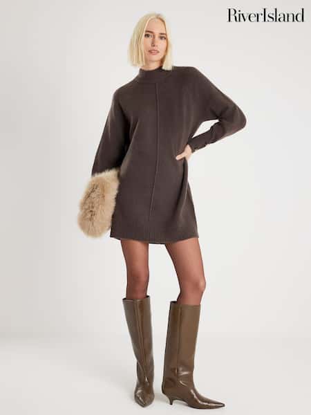 River Island Brown Long Sleeve Oversized Cosy Knit Mini Dress (G57975) | £48