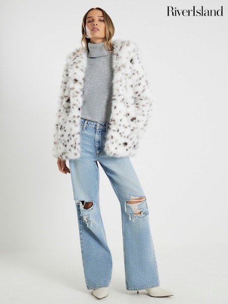 River Island White Dalmatian Print Hooded Faux Fur Coat (G57983) | £89