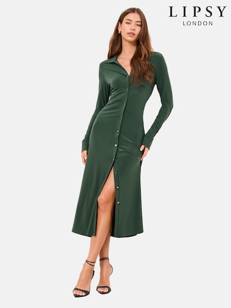 Lipsy Green Jersey Button Through Midi Shirt Dress (G58042) | £58