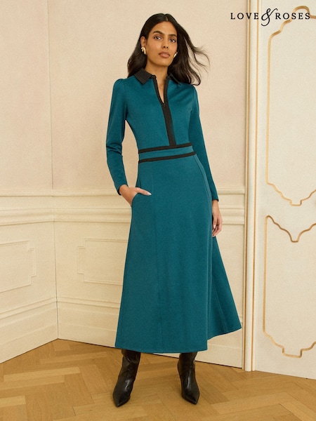 Love & Roses Teal Blue Petite Ponte Contrast Midi Dress (G58043) | £59