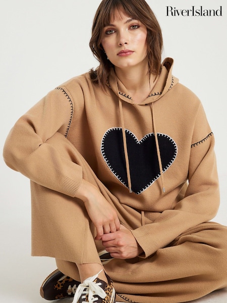 River Island Brown Knitted Heart Hoodie (G58285) | £46
