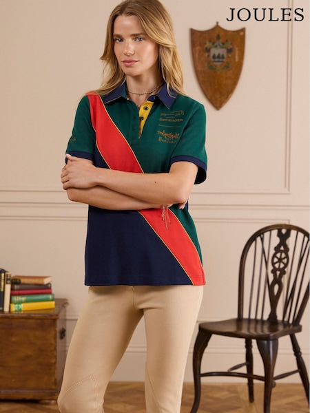Green/Navy - Joules Official Burghley Classic Fit Cotton Pique Polo Shirt