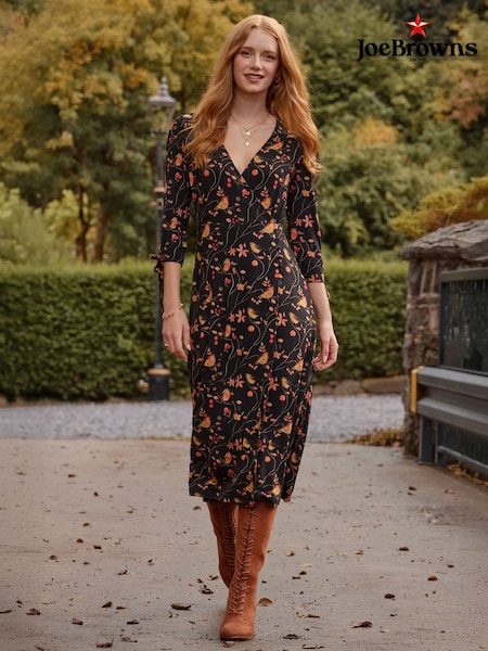 Joe Browns Black Festive Robin Print Dress (G58373) | £55